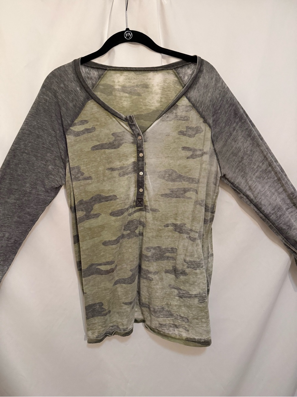 Lucky Brand Camo Henley Long Sleeve  Thin Top - Gray & Olive